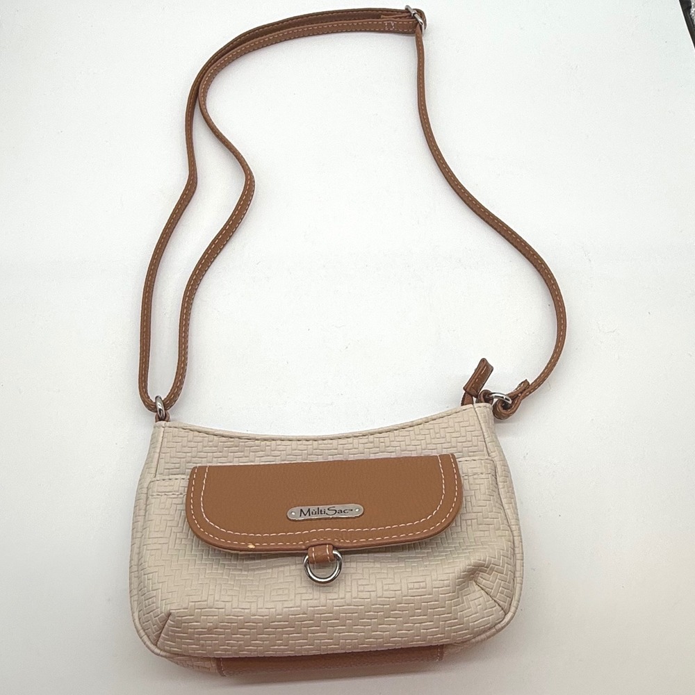 MultiSac Cream Woven Texture Crossbody Bag Brown Flap Adjustable Strap 20300